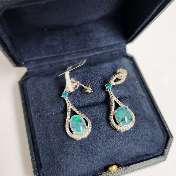 NWT 925 Natural Blue Ridge Opal Triplet & Apatite Art Deco Style Stud Earrings - Picture 4 of 14